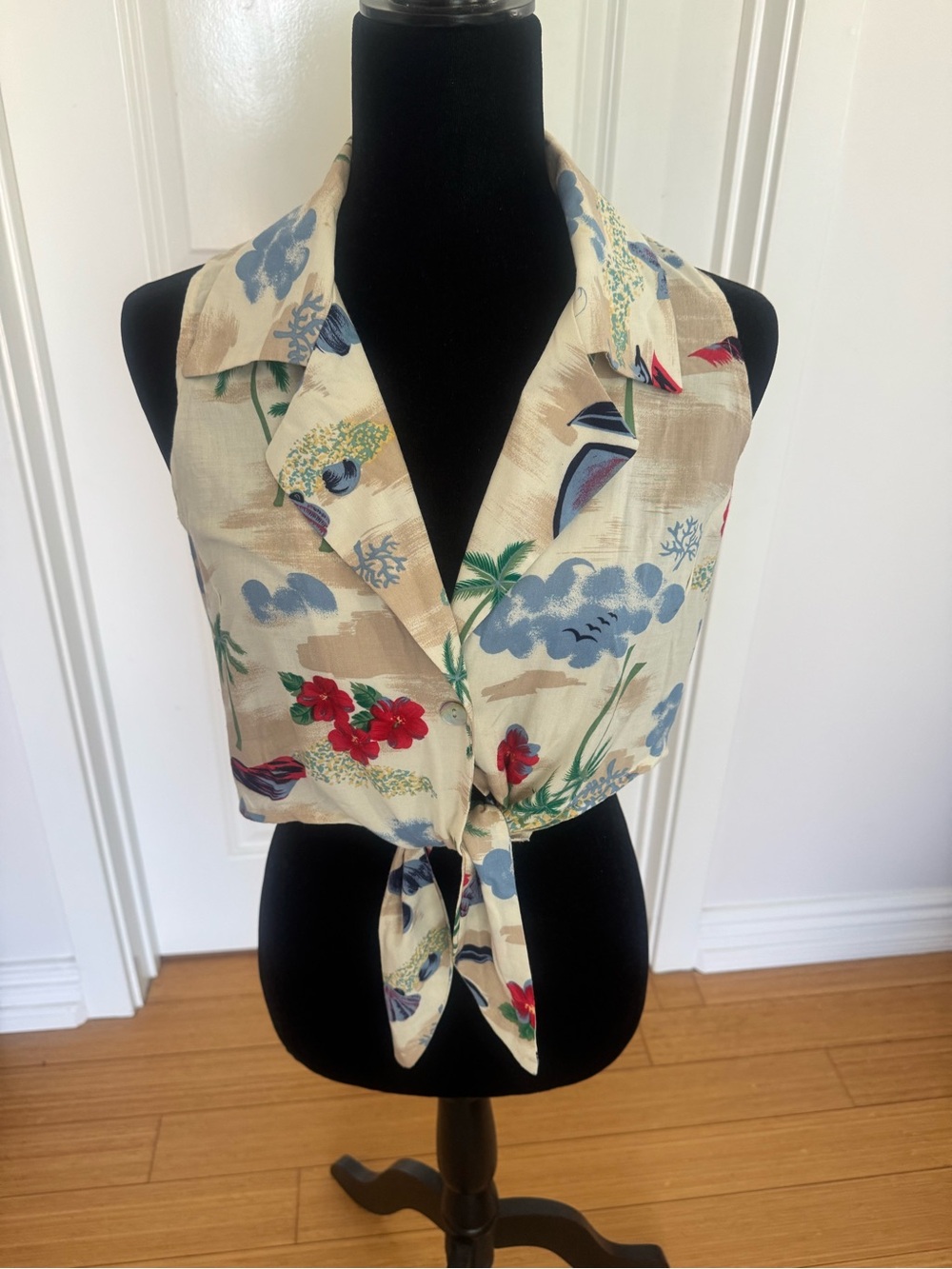 Tropical Tie-Front Top - Cream with Blue & Red Floral Print